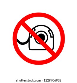 No video camera, prohibited sign icon in badge style. One of Decline collection icon can be used for UI, UX on white background