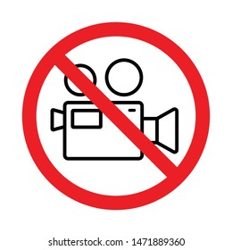 No video camera prohibited sign, Taking recording video not allowed, Prohibition symbol sticker for area places, Isolated on white background, Thin line design vector illustration