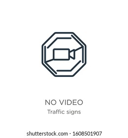 No video icon. Thin linear no video outline icon isolated on white background from traffic signs collection. Line vector sign, symbol for web and mobile