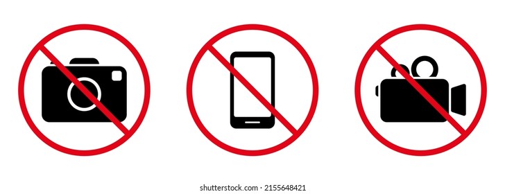 No Video Photo Camera Mobile Phone Black Silhouette Ban Icon Set. Photography Forbidden Area Pictogram. No Allowed Zone for Recording Red Stop Symbol. Camera Prohibited. Isolated Vector Illustration.