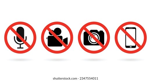 No Video, photo, phone, or sound recording forbidden icons. Photo, video, and phone prohibition symbol sign set. No photographing and filming prohibit icon logo collection.