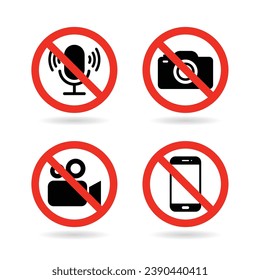 No Video, photo, phone, or sound recording forbidden icons. Photo, video, and phone prohibition symbol sign set. No photographing and filming prohibit icon logo collection.