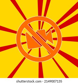 No video symbol on a background of red flash explosion radial lines. The large orange symbol is located in the center of the sun, symbolizing the sunrise. Vector illustration on yellow background