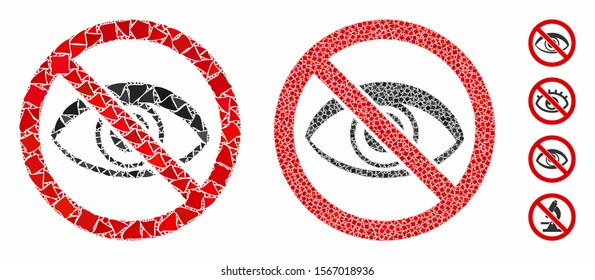 No view composition of humpy parts in various sizes and color tints, based on no view icon. Vector humpy dots are composed into illustration. No view icons collage with dotted pattern.