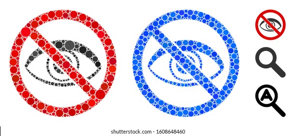 No view mosaic of filled circles in various sizes and color tinges, based on no view icon. Vector filled circles are organized into blue mosaic. Dotted no view icon in usual and blue versions.
