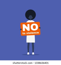 No to violence. Young black female activist holding a placard. Demonstration. Human rights. Flat editable vector illustration, clip art