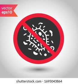 No hay diseño de señales planas de virus. Detener el icono del virus de la corona. Signo de microbio prohibido. No hay pictograma característico. Icono de restricción de atención de advertencia