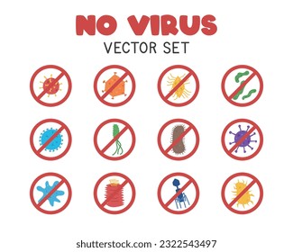 No virus vector set. Colorful virus, bacteria, and germs with banned sign clipart cartoon flat style, hand drawn doodle. Hospital and medical concept