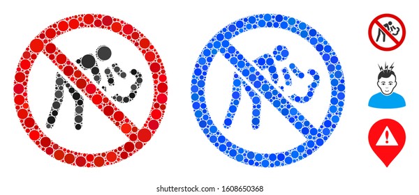 No vomit mosaic of small circles in variable sizes and color tones, based on no vomit icon. Vector small circles are united into blue mosaic. Dotted no vomit icon in usual and blue versions.