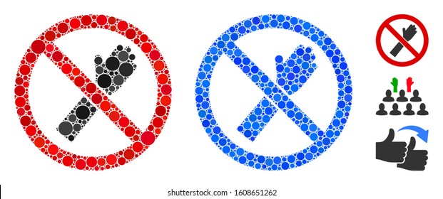 No voting composition of small circles in various sizes and shades, based on no voting icon. Vector random circles are united into blue composition. Dotted no voting icon in usual and blue versions.
