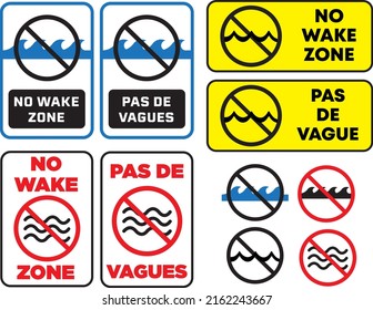 No wake zone warning sign with waves symbol english and french language