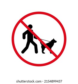 No Walking with Leash Domestic Dog Puppy Ban Black Silhouette Icon. Man Walk with Dog Pictogram. Prohibit Walker Person with Mammal Pet Dog Symbol. Isolated Vector Illustration.