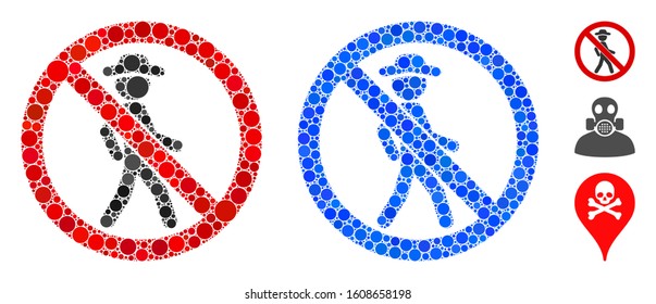 No walking mosaic of small circles in various sizes and color tints, based on no walking icon. Vector random circles are composed into blue composition.