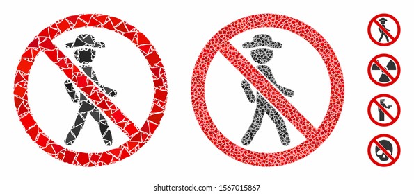 No walking mosaic of trembly elements in various sizes and color tones, based on no walking icon. Vector trembly dots are composed into composition. No walking icons collage with dotted pattern.