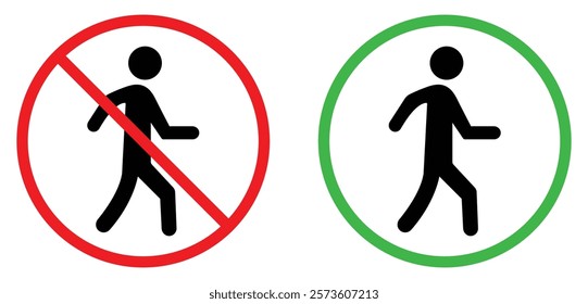 No walking person area vector icon set. Prohibition sign symbol. No walking area for crossing road sign symbol. No entry for person. Flat design. Vector illustration.