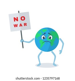 No War. Flat Earth Planet Character Icon. Stop the war. Sad Cartoon planet. Vector stock illustration.