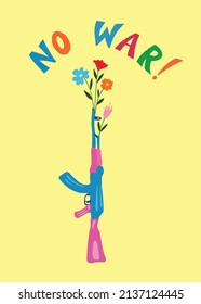 No hay flores de guerra y el concepto de letras de texto de armas paz pacifismo fondo amarillo diseño de vector plano
