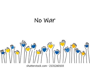 NO WAR and hands with hearts line simple line illustration blue and yellow