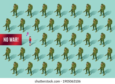 No hay patrón isométrico de guerra Soldados del Ejército Moderno y niño con globos de aire concepto afiche y pancarta diseño horizontal aislados en fondo verde