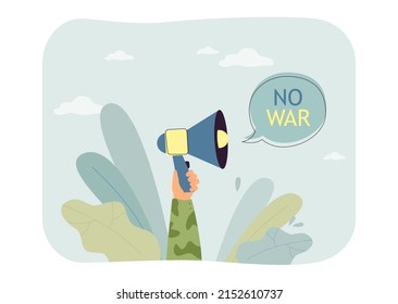 No war message from megaphone in hands of soldier. Person protesting against military attack on Ukraine flat vector illustration. Peace concept for banner, website design or landing web page