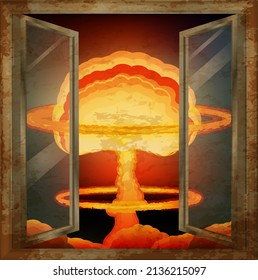 No War poster card, nuclear explosion in an open window, vector illustration	