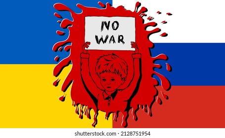No war poster with crying little boy and flags of Russia and Ukraine vector illustration