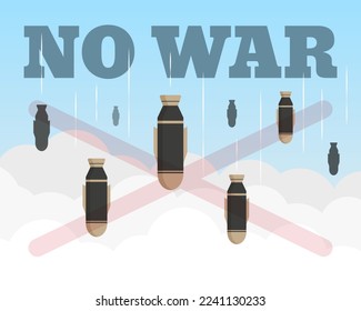 Kein Kriegsposter-Design. Fallende Raketen am bewölkten Himmel. Flache Vektorgrafik-Vorlage.