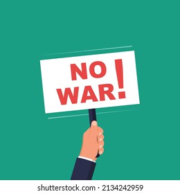 No war protest. Human on protest.  Posters up. Concept of revolution and conflict. Vector illustration flat design. Slogan on a poster.