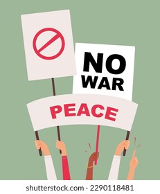 No war. protest placards meeting people holding boards. Vector concept pictures