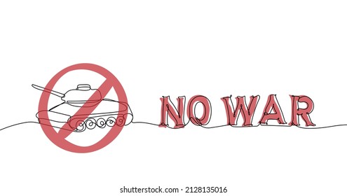 Kein Krieg. Red STOP Schild auf dem Hintergrund des Tanks. Anti-Kriegs-Konzept. Eine durchgehende Linienzeichnung. Vektorgrafik