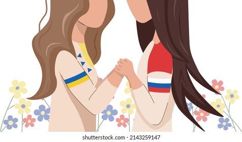 No war. A Russian girl is holding hands with a Ukrainian girl. The concept of international friendship and peace. Friendship between the people of Russia and Ukraine. Against the will. 