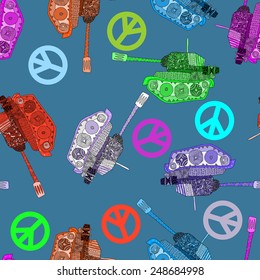 No war, seamless pattern. tank hippie background. world peace