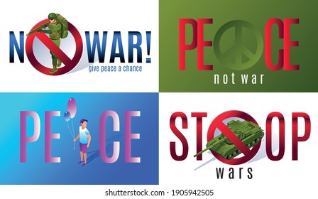 No War Stop 2X2 Peace Sign and boy with air balloons, prohibition sign with Modern Soldiers and tank concept anti war posters and banners gorizontal design illustration on isolated background