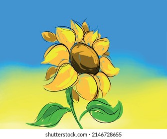 No war. A three-dimensional Ukrainian sunflower is drawn in blue and yellow. Symbol of peace on earth. Blue-yellow sunflower as a symbol of Ukraine. War in Ukraine, Stop the war.