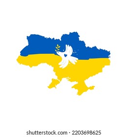 No war in Ukraine. Pray for Ukraine. Colors of the Ukrainian flag with a white dove of peace. Vector illustration. Isolated on white background.
