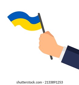 No war in Ukraine. Pray for Ukraine. Hand holds ukrainian flag. Aggression and military attack. Stop war banner. Save Ukraine from russia. Vector illustration isolated on white background.