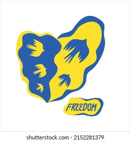 No war in Ukraine. Russian military invasion. Aggression and military attack. Freedom and dove of peace Ukrainian poster, blue and yellow colors. Patriotic hand drawn illustration.Support Ukraine.