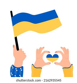 No war in Ukraine vector illustration with isolated background. Call for an end to the war. A Ukrainian hand in a vysovanka holds the Ukrainian flag. Heart in blue and yellow. Aggression and militar.