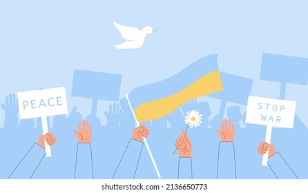 No war in Ukraine vector poster. People raising hands as demonstration act. Save Ukraine, Stop War. 