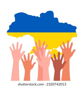No war in Ukraine vector poster. Concept of Ukrainian and Russian military crisis, conflict between Ukraine and Russia. People's hands support Ukraine. Aggression and military attack. Stop war sign.
