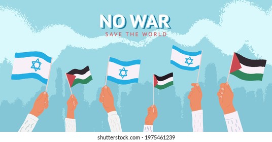 No War Vector Illustration . Peaceful Meeting Israel And Palestine People Holding National Flags In Hands On Blue Sky Background