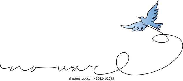 No war with White dove in one continuous line drawing. Bird symbol of peace and freedom .Doodle outline vector illustration
