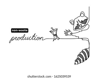 No Waste, Zero Waste Vector Concept.  Rational Use, Non-waste Production Illustration. One Continuous Line Drawing Of  Raccoon And Apple Core.