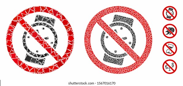 No watches mosaic of tuberous parts in variable sizes and color tinges, based on no watches icon. Vector uneven parts are combined into collage. No watches icons collage with dotted pattern.