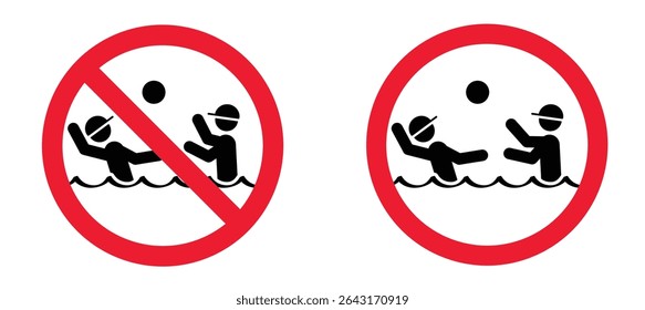 No water ball game. Stop mans playing in water with ball or volleyball. No Allowed water polo icon. Summer sports concept. Swim in the swimming pool. Ban, zone for play, jumping in the water