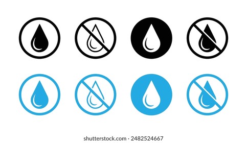 Ningún icono de Vector de gota de agua. No hay símbolo de gota de agua. Gotitas de agua icono colección en el círculo. Superficie impermeable requerida. No uses agua, no es un letrero impermeable.