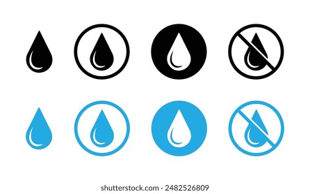 Ningún icono de Vector de gota de agua. No hay símbolo de gota de agua. Icono de gotas de agua en color negro y azul. Gotitas de agua icono colección en el círculo. Superficie impermeable requerida.