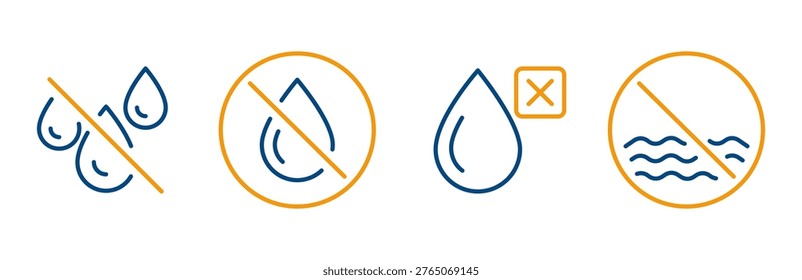 no water icons, set icon of stop liquid, forbidden used water, ban drop, thin outline editable stroke