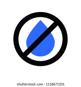 No water, not wet. Blue drop under the sign ban. Flat icon, vector illustration.