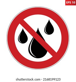 No water prohibition sign. Vector illustration of red crossed out circle sign with water drops icon inside. Natural disaster and climate change symbol. No water concept. Water shortage. Drought.